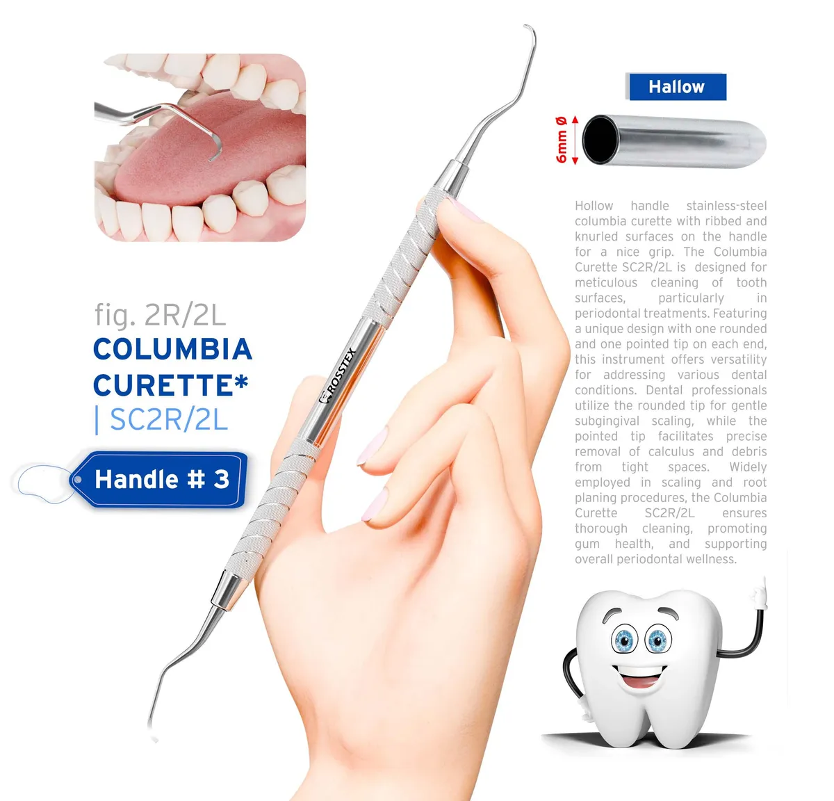 Dental Curette Columbia 2R/2L, Handle No. 3