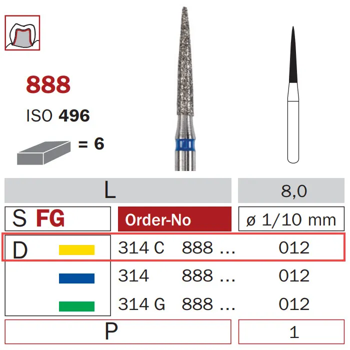 Diamond Bur, FG 012, X-Fine, Flame ISO #496