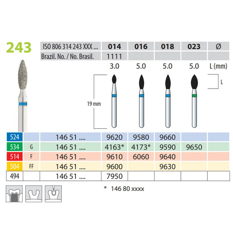 Diamond Burs, Flame, FG 243-014, Medium