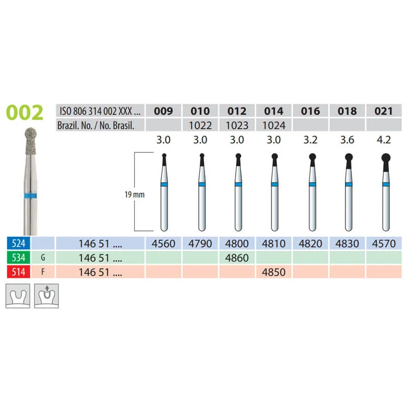Diamond Burs, Round with Neck, FG 002-018, Medium