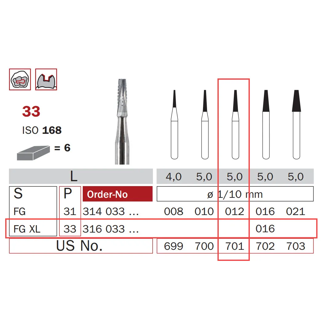 Surgical Carbide Bur, FG 012, X-Long, Truncated Cone ISO #168