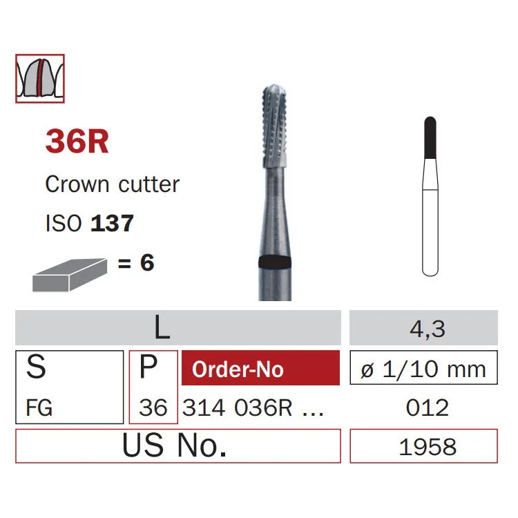High Speed Carbide Crown Cutter Bur, FG 012, ISO #137 Strong