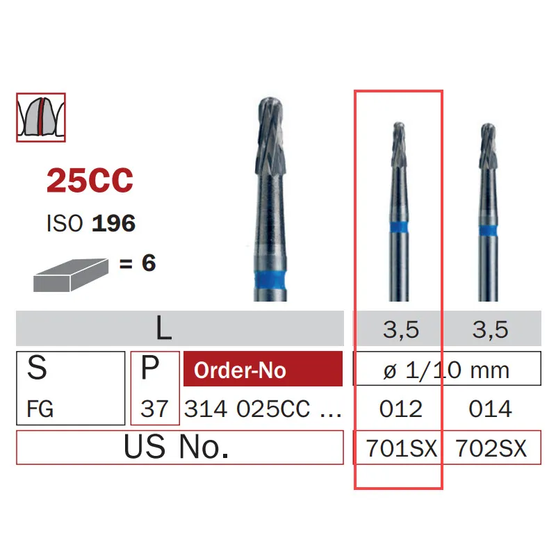 High Speed Carbide Crown Cutter Bur, FG 012, ISO #196 Short Tip