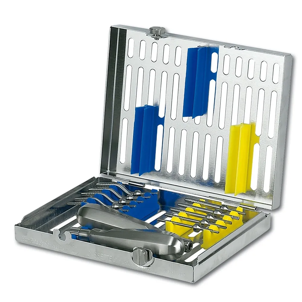 كاسيت IMS Signature 1/2 DIN 10 Osteotomes + 2 Handles، لون أحمر